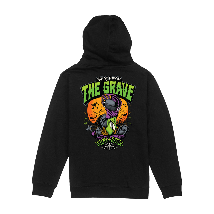 Save From The Grave Hockey Youth Hoodie in black, back print