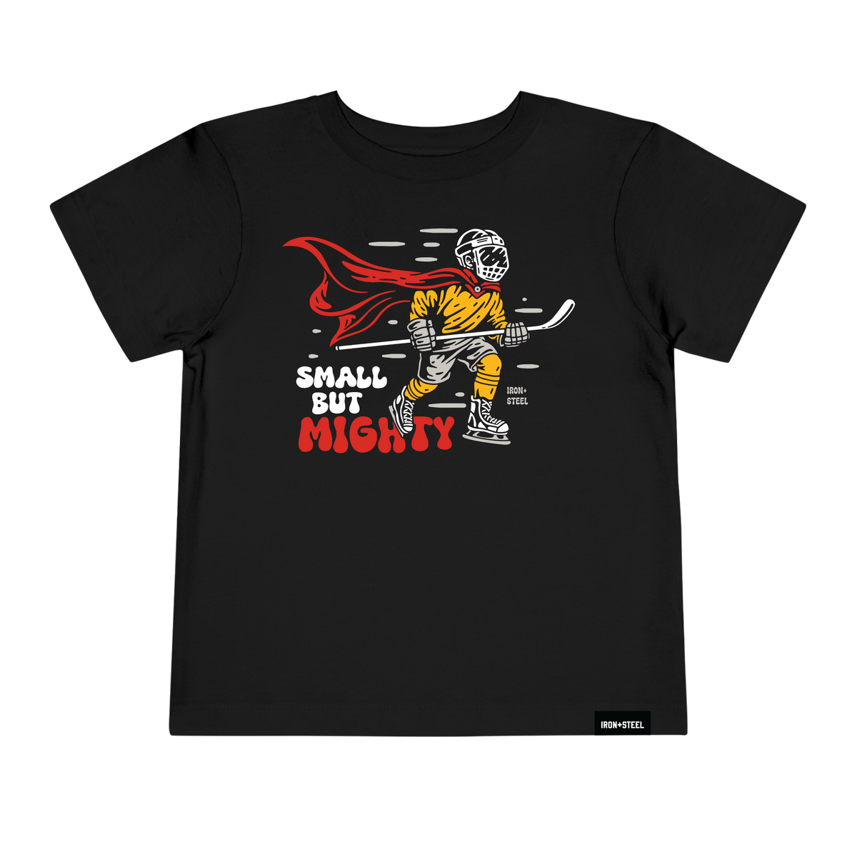 Small But Mighty Hockey Toddler Tee in black, front