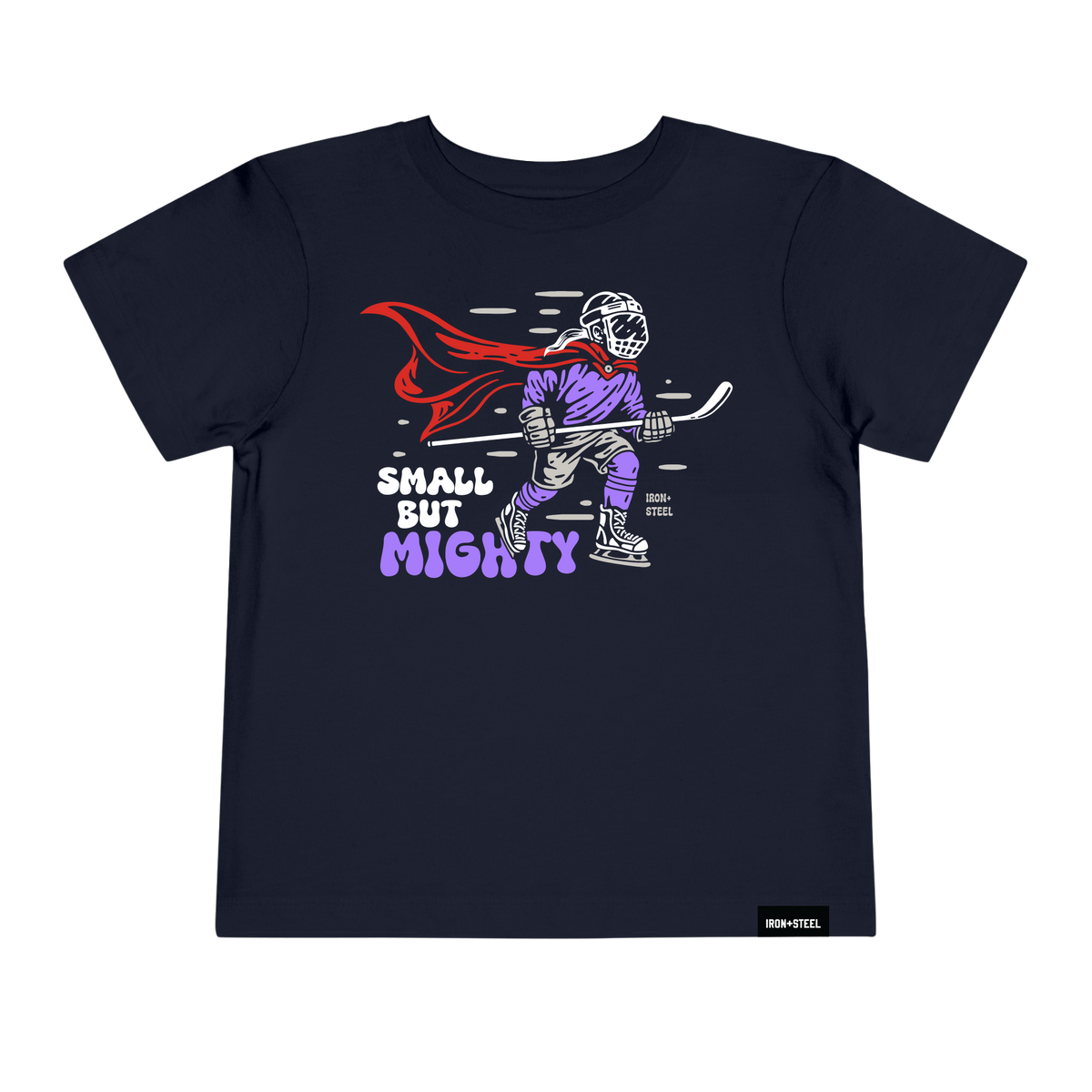 Small But Mighty Girl Hockey Toddler Tee in navy, front