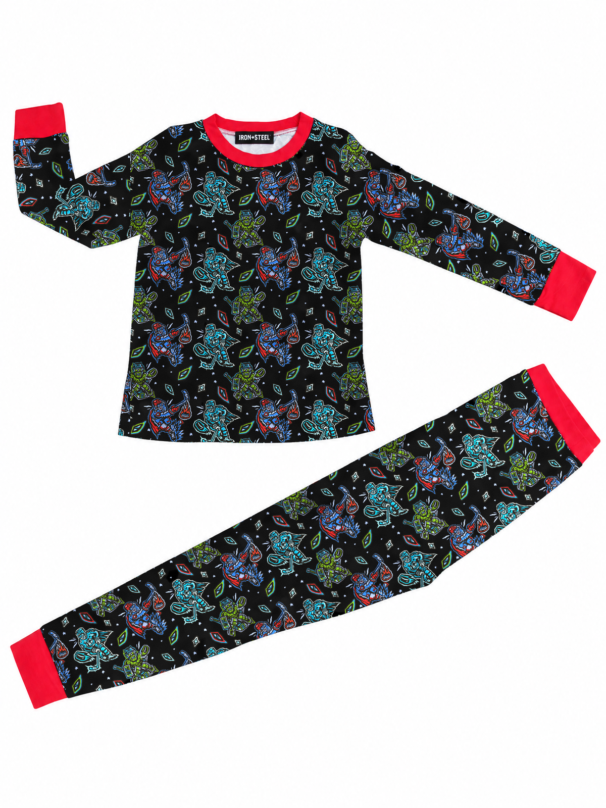 Super Hero Hockey Bamboo Pajama Set laid flat, long sleeve top and pants