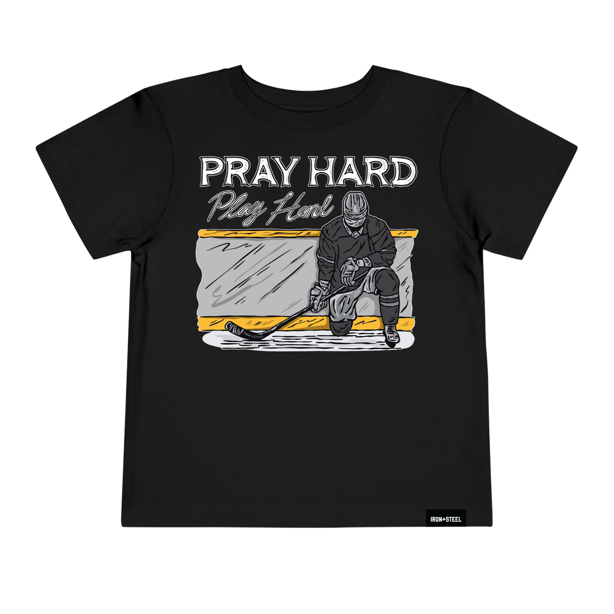 Pray Hard Play Hard Hockey Toddler Tee in black, front