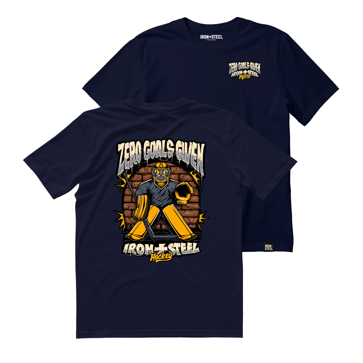 Zero Goals Given Hockey Tee in navy, front