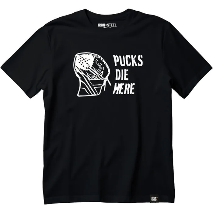 Pucks Die Here goalie tee